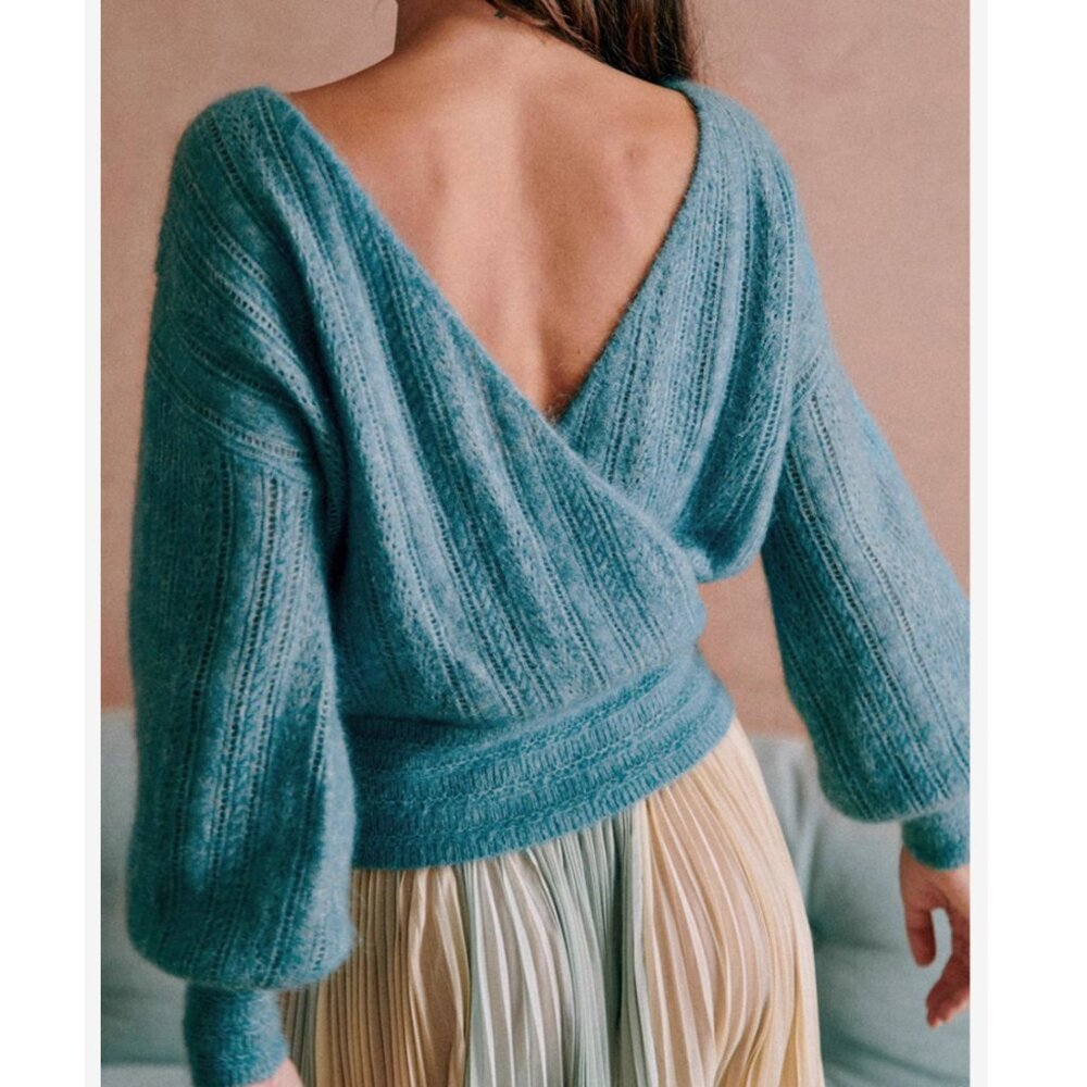 Sezane Cristina Jumper Blue Bleu Paon Sweater French Wool Mohair V Neck - Picture 2 of 9